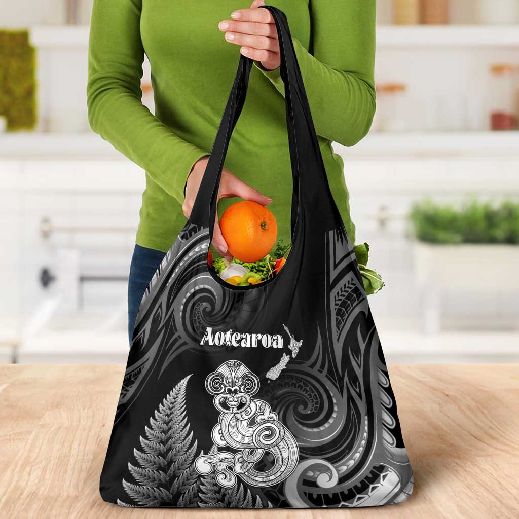 New Zealand Maori Taniwha Grocery Bag Silver Fern Black Version