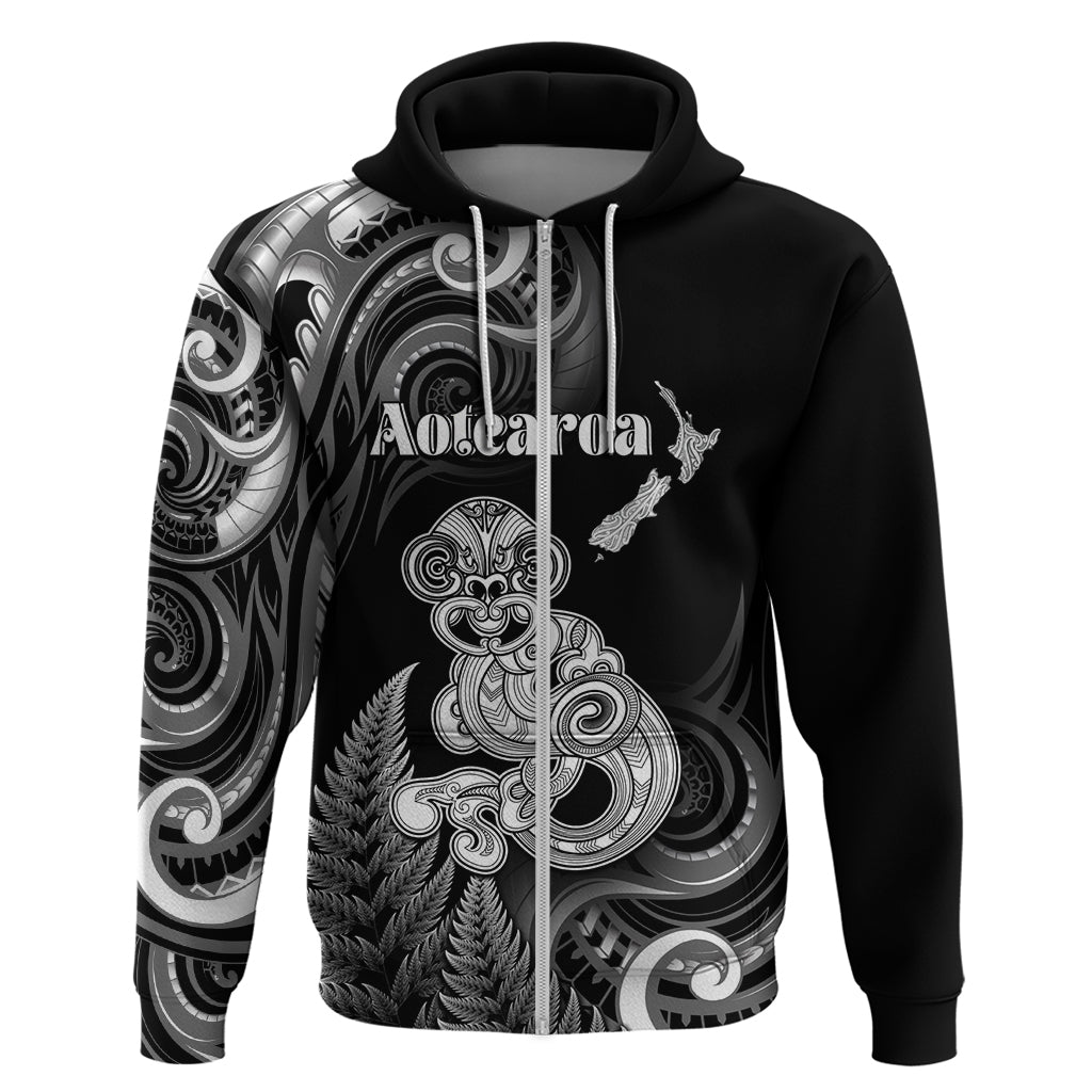 Personalised New Zealand Maori Taniwha Hoodie Silver Fern Black Version