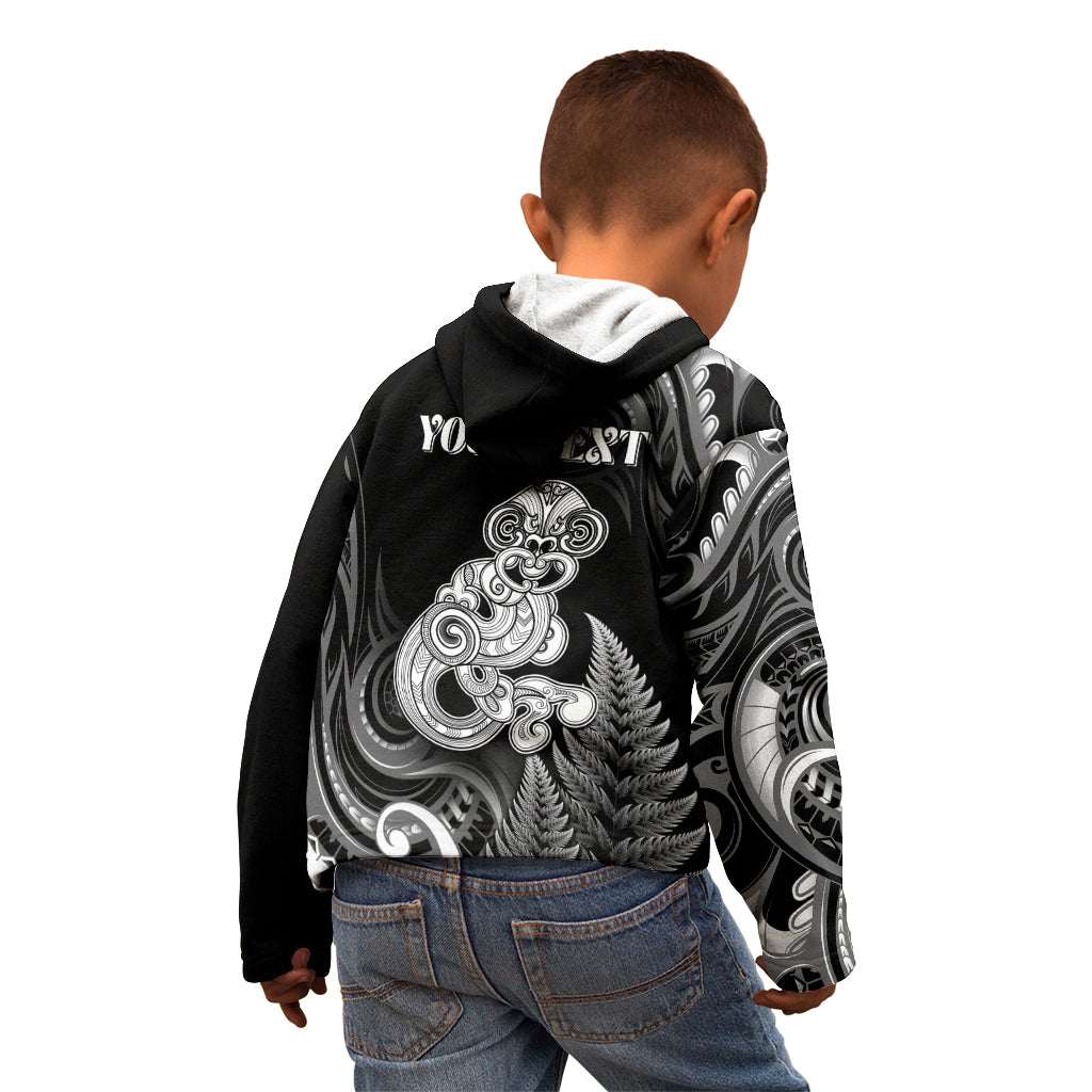 Personalised New Zealand Maori Taniwha Kid Hoodie Silver Fern Black Version