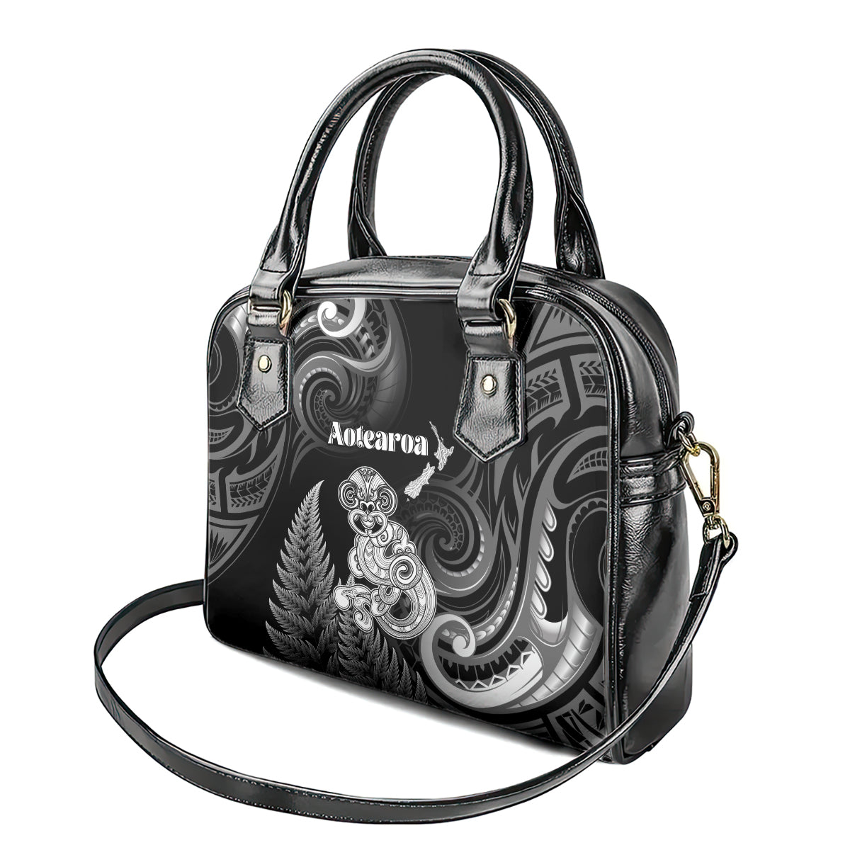 New Zealand Maori Taniwha Shoulder Handbag Silver Fern Black Version