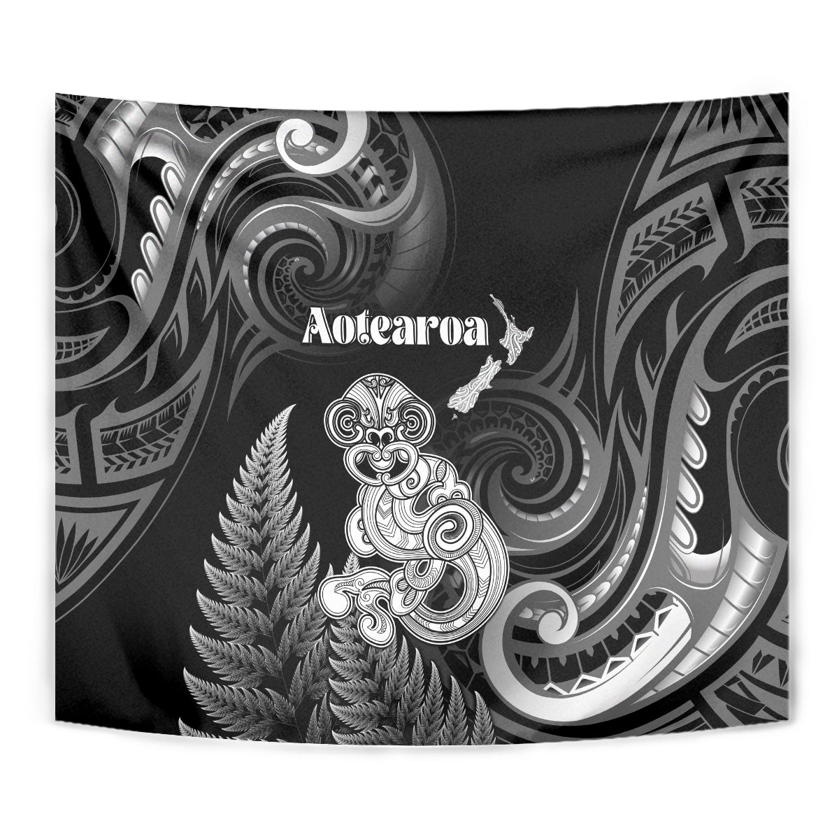 New Zealand Maori Taniwha Tapestry Silver Fern Black Version