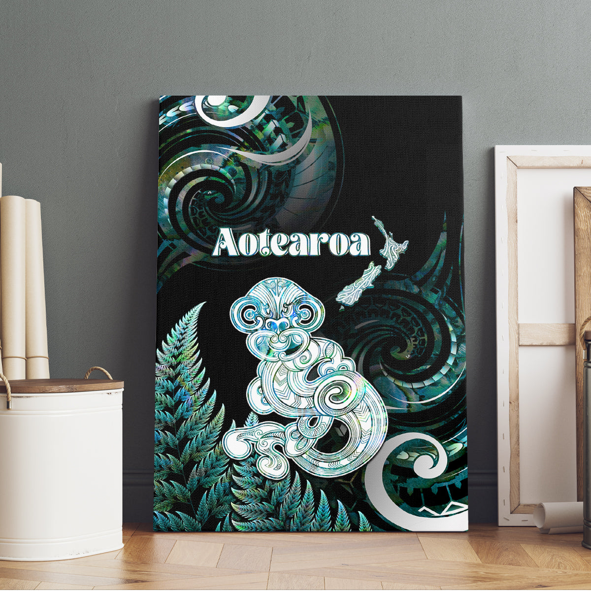 New Zealand Maori Taniwha Canvas Wall Art Silver Fern Paua Shell Version