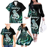 Personalised New Zealand Maori Taniwha Family Matching Off The Shoulder Long Sleeve Dress and Hawaiian Shirt Silver Fern Paua Shell Version
