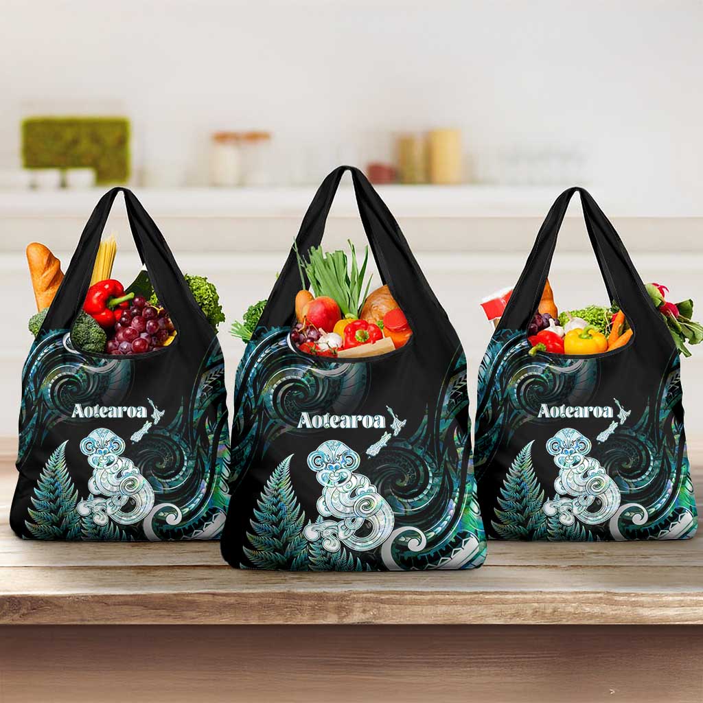 New Zealand Maori Taniwha Grocery Bag Silver Fern Paua Shell Version