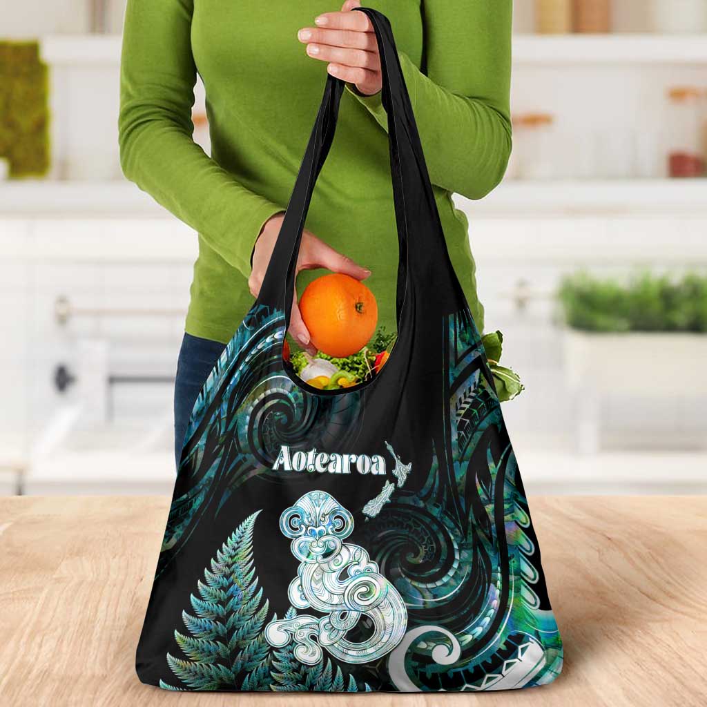New Zealand Maori Taniwha Grocery Bag Silver Fern Paua Shell Version