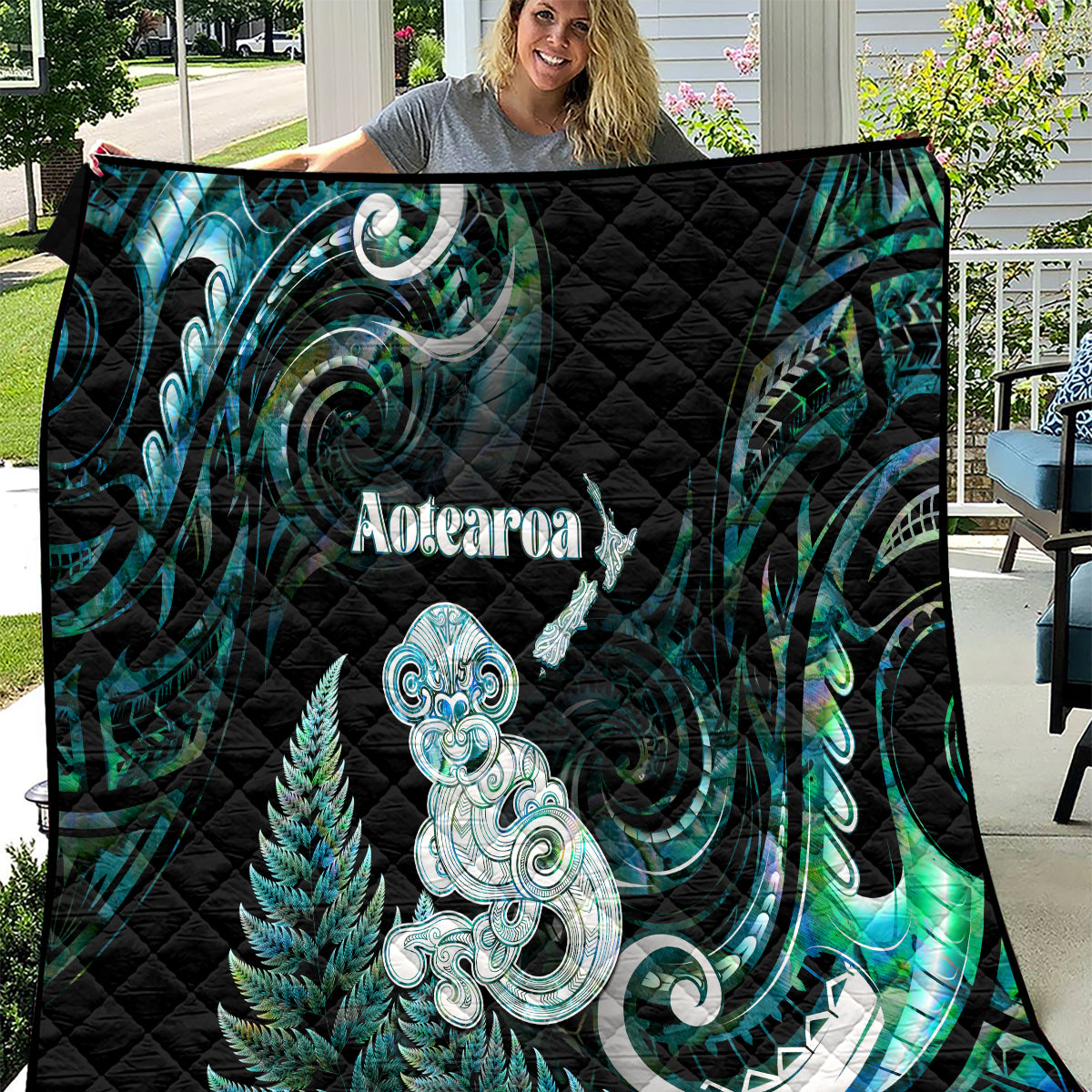 New Zealand Maori Taniwha Quilt Silver Fern Paua Shell Version LT05 Turquoise - Polynesian Pride