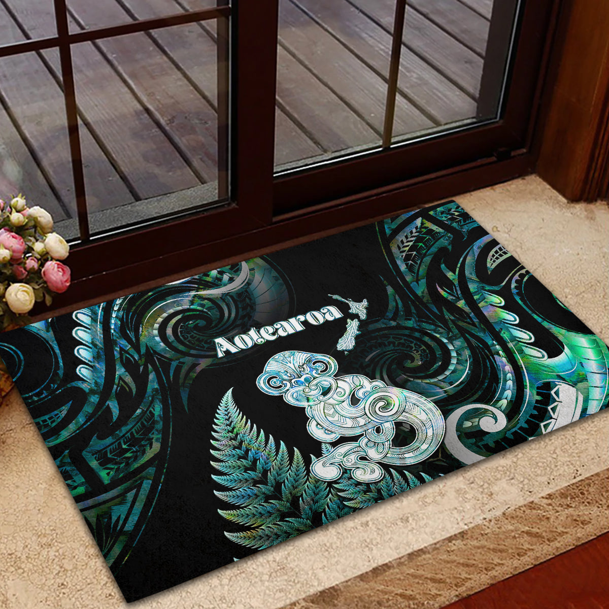 New Zealand Maori Taniwha Rubber Doormat Silver Fern Paua Shell Version