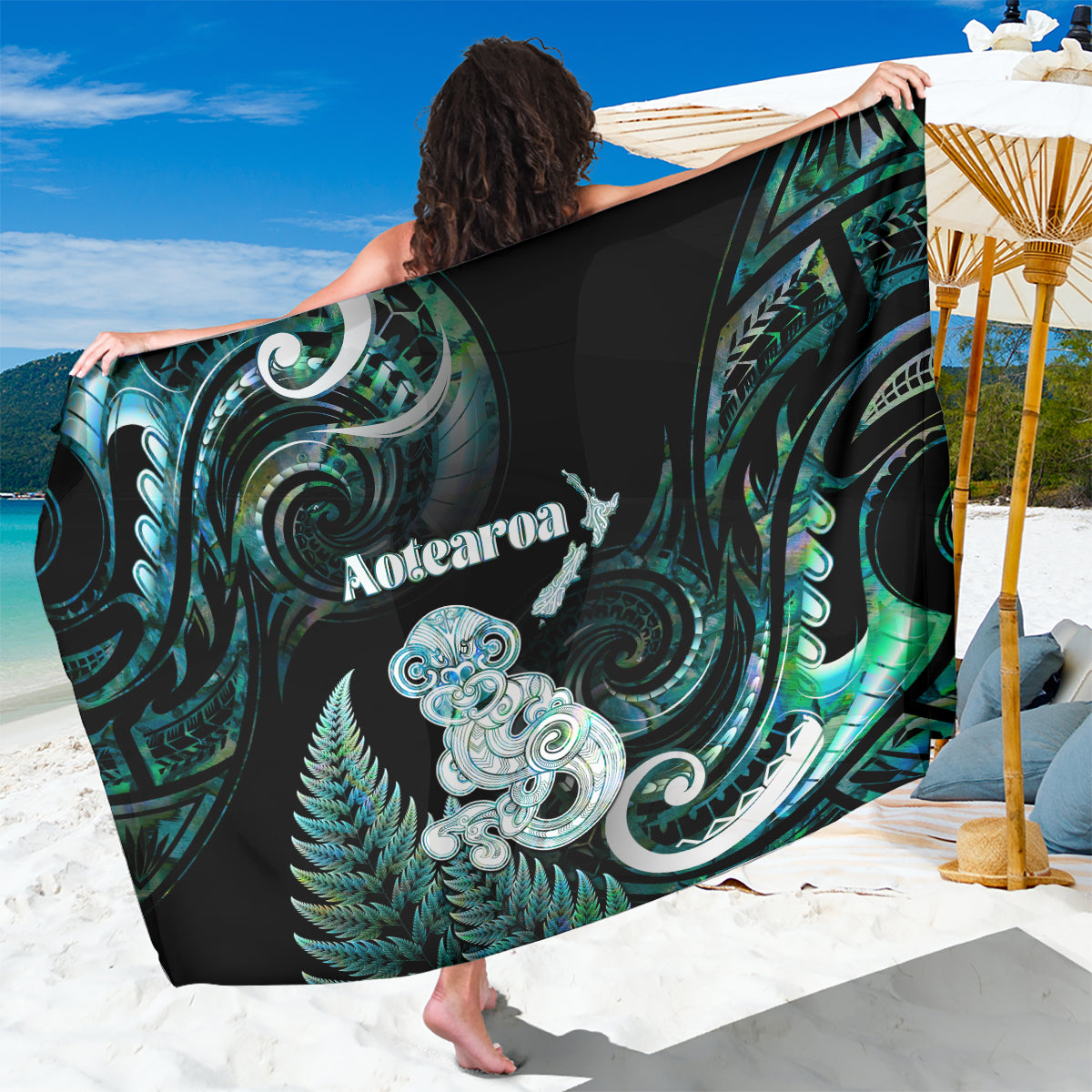New Zealand Maori Taniwha Sarong Silver Fern Paua Shell Version LT05 One Size 44 x 66 inches Turquoise - Polynesian Pride