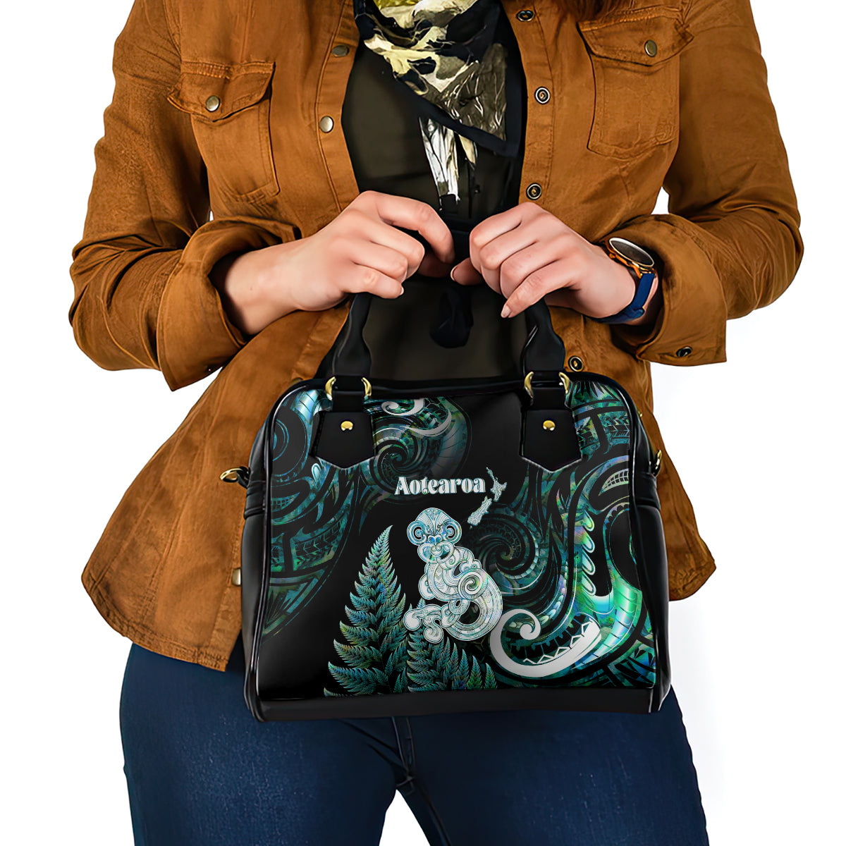 New Zealand Maori Taniwha Shoulder Handbag Silver Fern Paua Shell Version