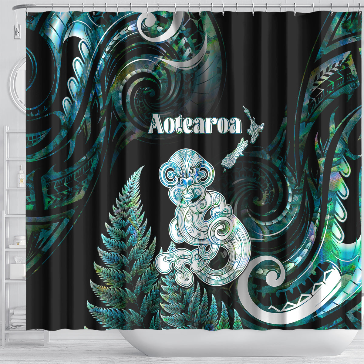 New Zealand Maori Taniwha Shower Curtain Silver Fern Paua Shell Version
