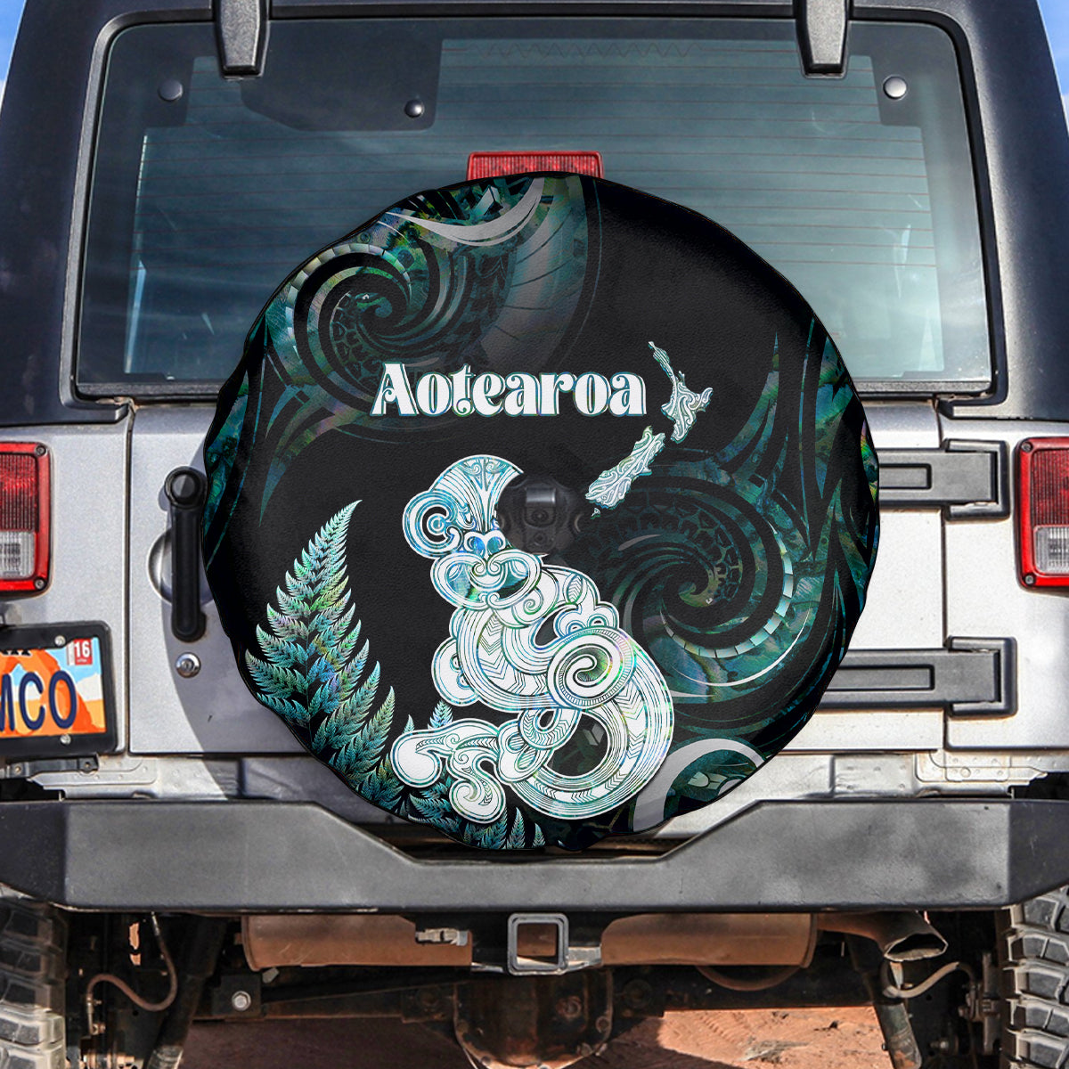 New Zealand Maori Taniwha Spare Tire Cover Silver Fern Paua Shell Version LT05 Turquoise - Polynesian Pride