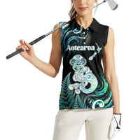 Personalised New Zealand Maori Taniwha Women Sleeveless Polo Shirt Silver Fern Paua Shell Version