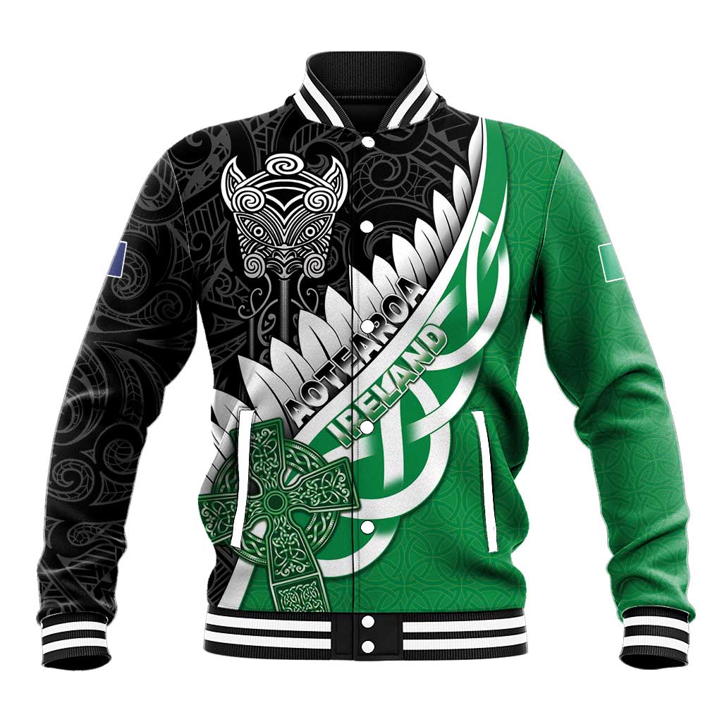 New Zealand And Ireland Rugby Custom Baseball Jacket Silver Fern With Celtic Cross