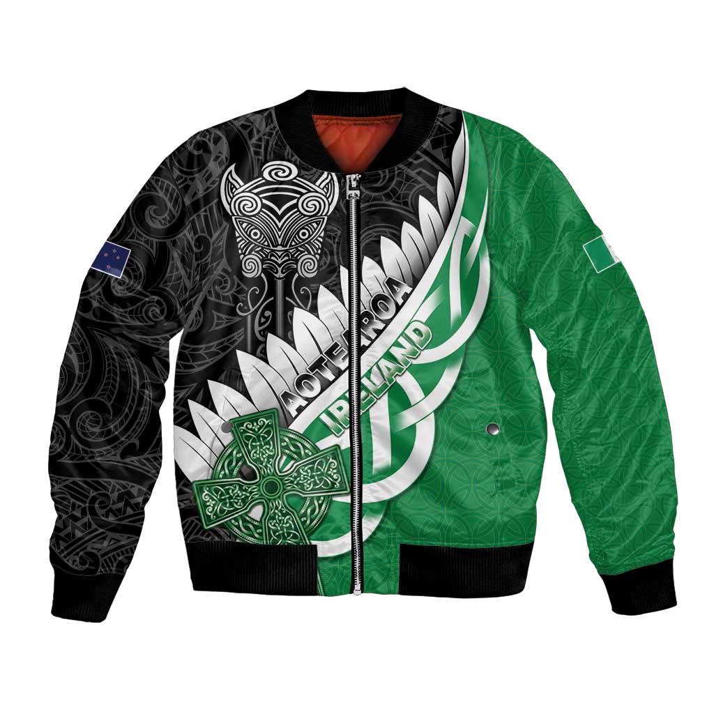 New Zealand And Ireland Rugby Custom Bomber Jacket Silver Fern With Celtic Cross