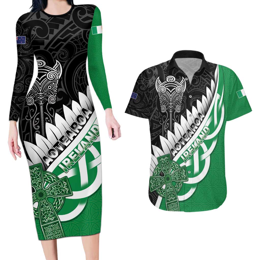 New Zealand And Ireland Rugby Custom Couples Matching Long Sleeve Bodycon Dress and Hawaiian Shirt Silver Fern With Celtic Cross
