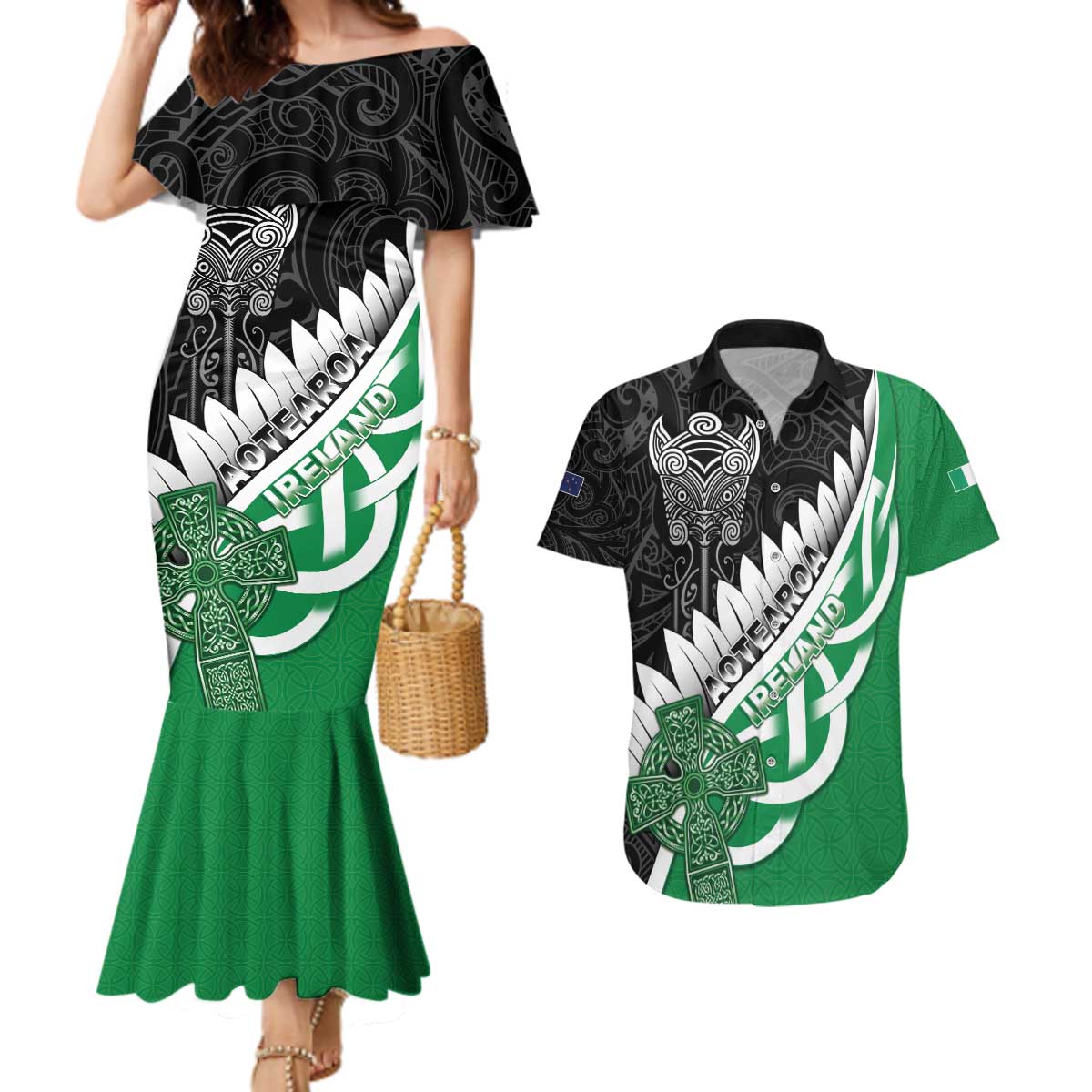 New Zealand And Ireland Rugby Custom Couples Matching Mermaid Dress and Hawaiian Shirt Silver Fern With Celtic Cross