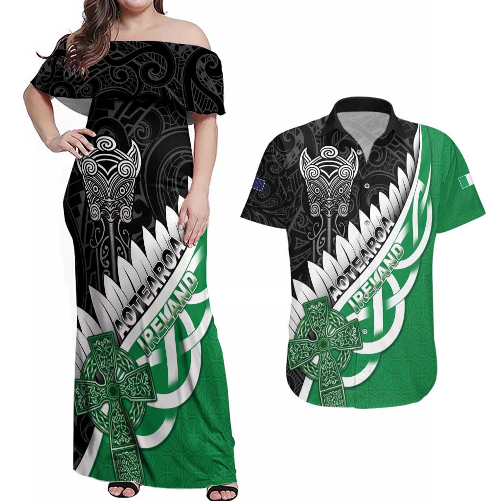 New Zealand And Ireland Rugby Custom Couples Matching Off Shoulder Maxi Dress and Hawaiian Shirt Silver Fern With Celtic Cross