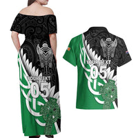 New Zealand And Ireland Rugby Custom Couples Matching Off Shoulder Maxi Dress and Hawaiian Shirt Silver Fern With Celtic Cross
