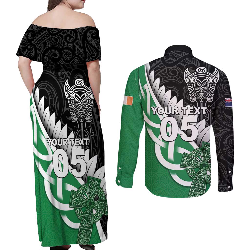 New Zealand And Ireland Rugby Custom Couples Matching Off Shoulder Maxi Dress and Long Sleeve Button Shirt Silver Fern With Celtic Cross