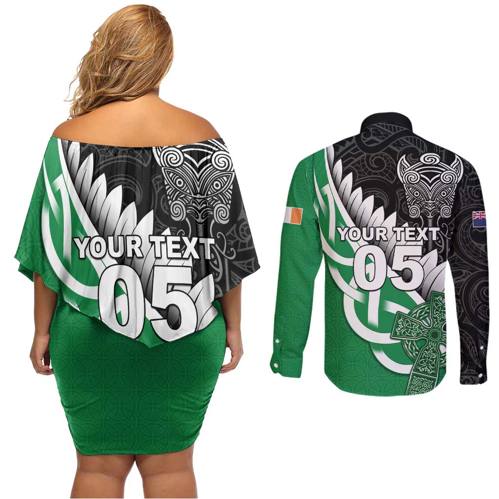 New Zealand And Ireland Rugby Custom Couples Matching Off Shoulder Short Dress and Long Sleeve Button Shirt Silver Fern With Celtic Cross