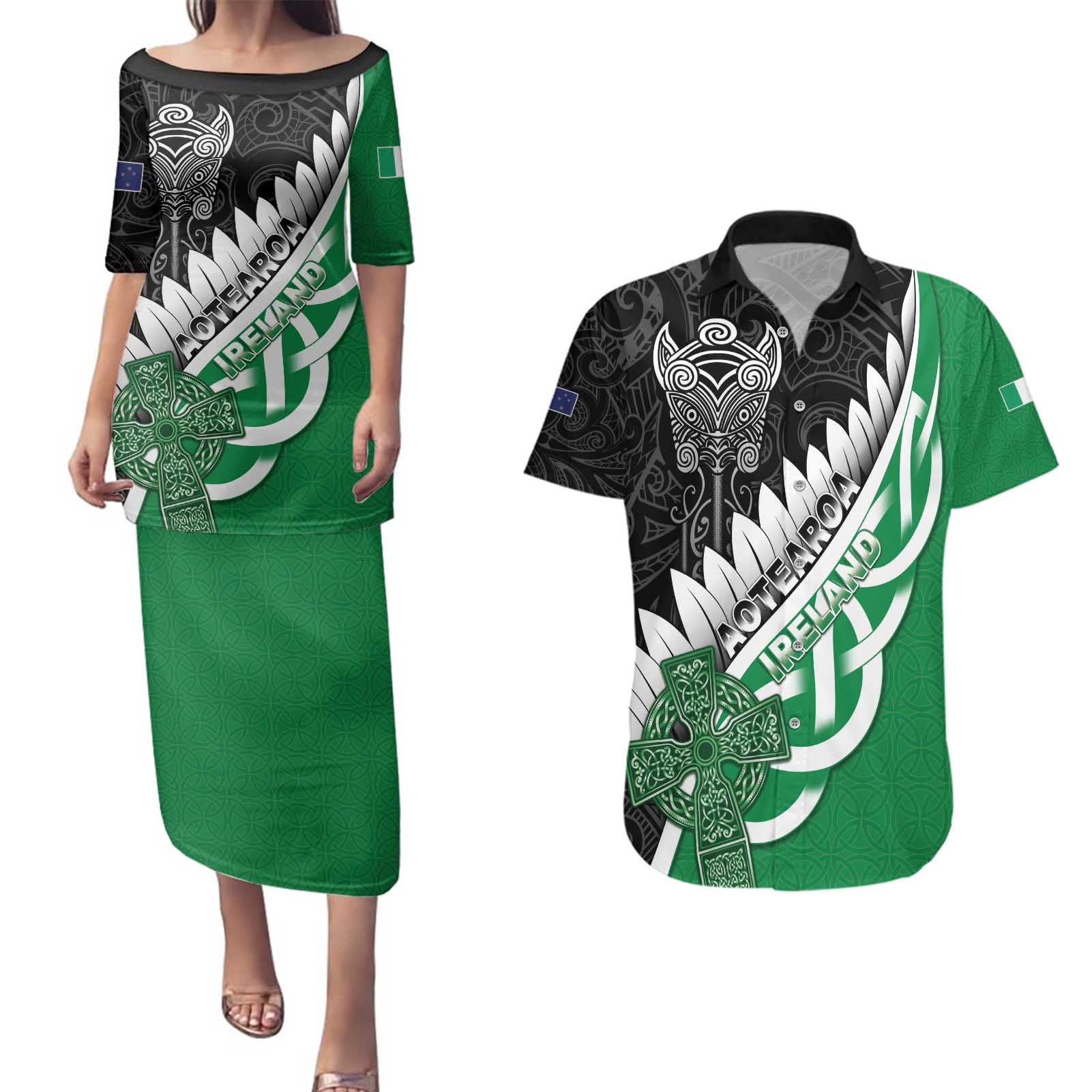 New Zealand And Ireland Rugby Custom Couples Matching Puletasi and Hawaiian Shirt Silver Fern With Celtic Cross