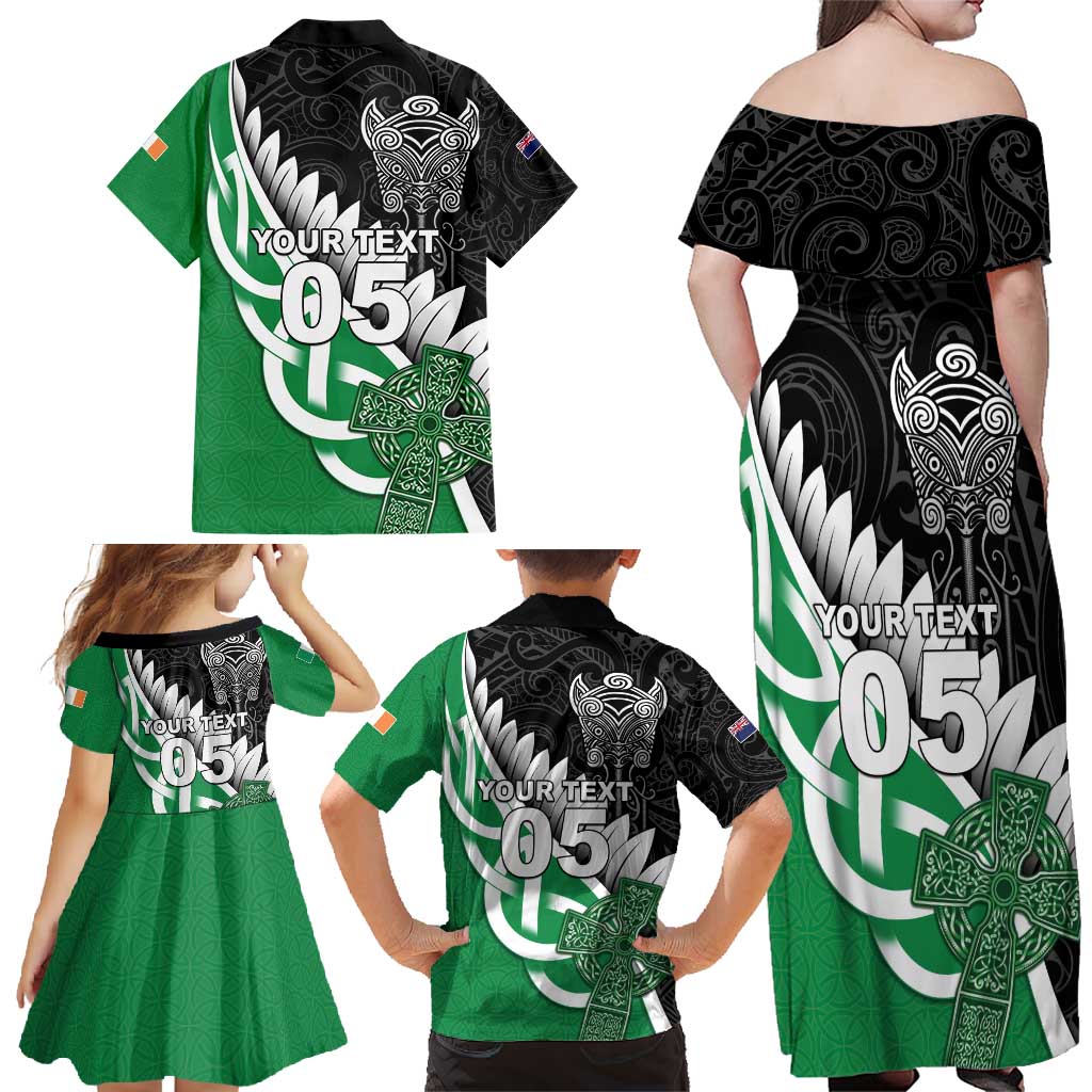 New Zealand And Ireland Rugby Custom Family Matching Off Shoulder Maxi Dress and Hawaiian Shirt Silver Fern With Celtic Cross