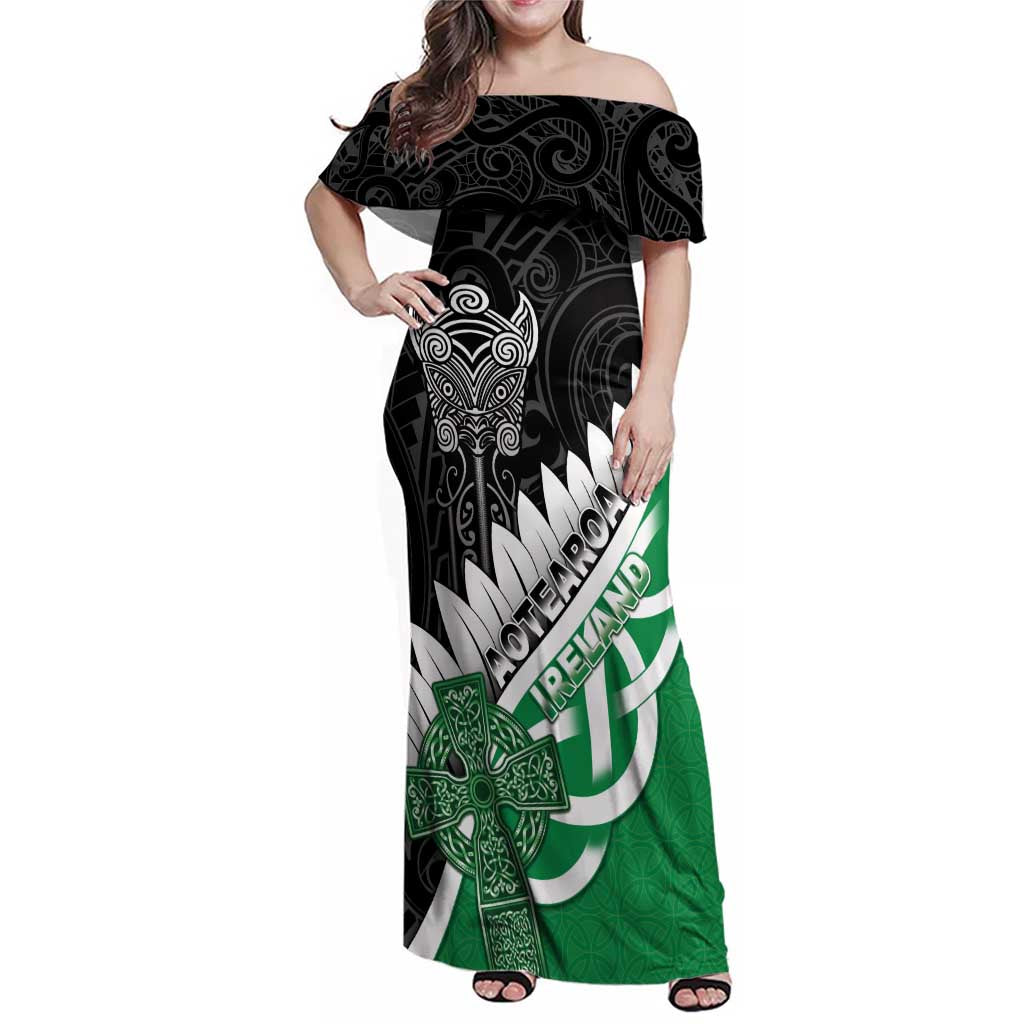 New Zealand And Ireland Rugby Custom Family Matching Off Shoulder Maxi Dress and Hawaiian Shirt Silver Fern With Celtic Cross