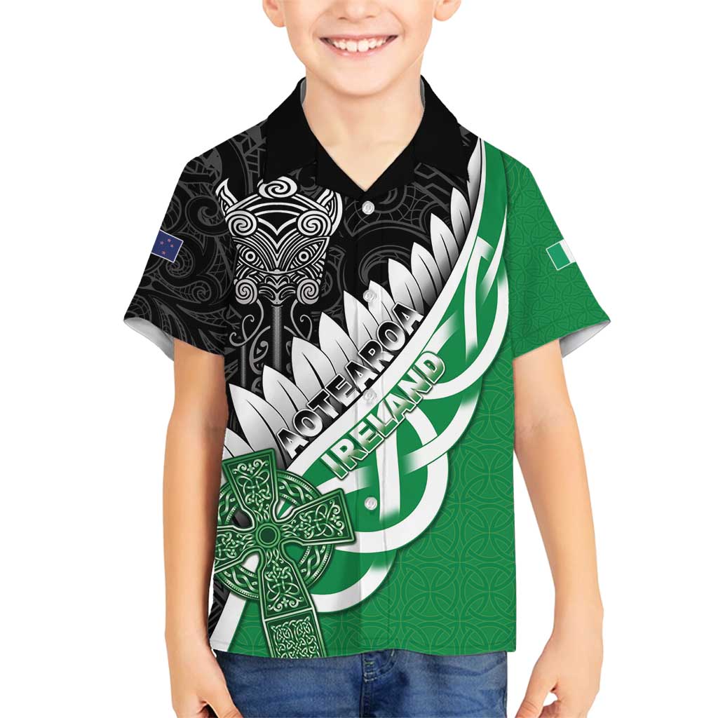 New Zealand And Ireland Rugby Custom Family Matching Puletasi and Hawaiian Shirt Silver Fern With Celtic Cross