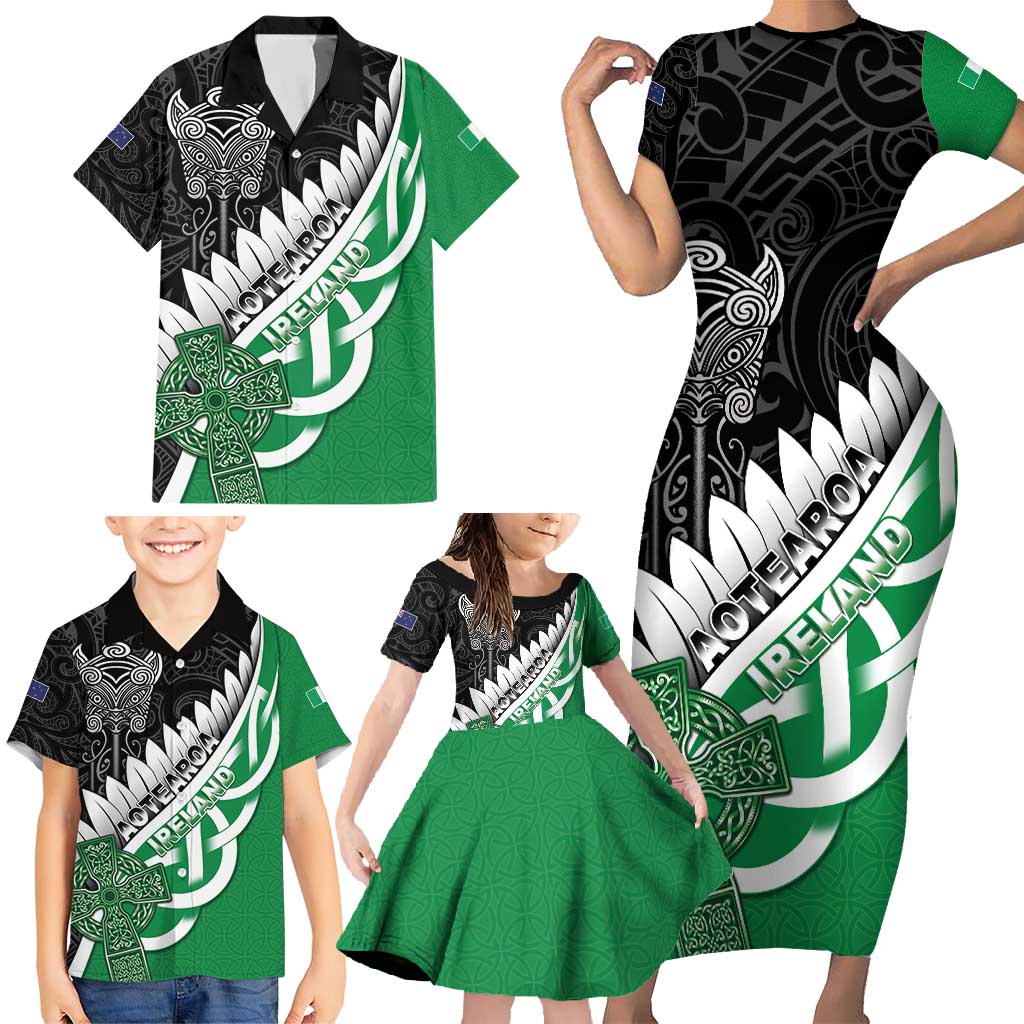 New Zealand And Ireland Rugby Custom Family Matching Short Sleeve Bodycon Dress and Hawaiian Shirt Silver Fern With Celtic Cross