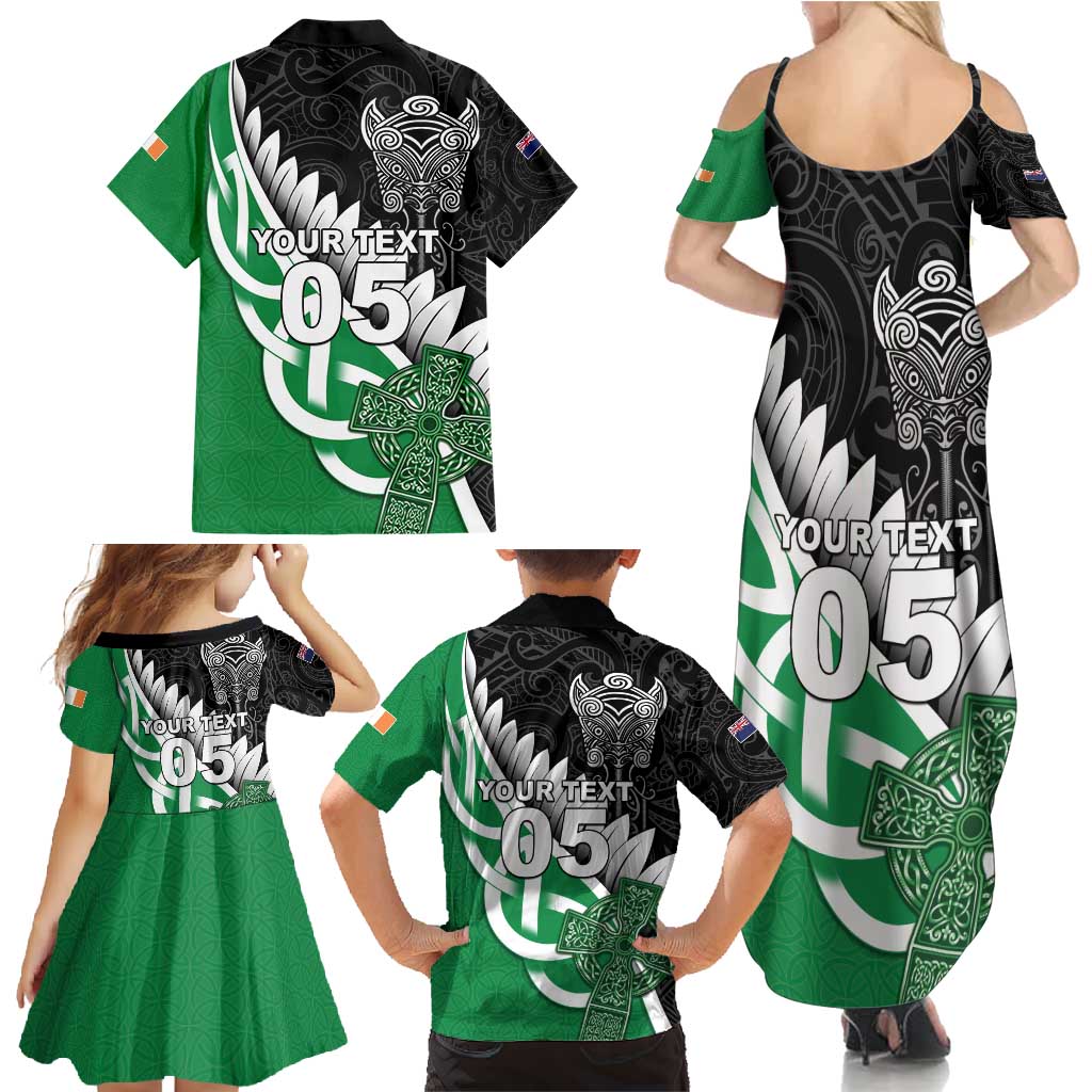 New Zealand And Ireland Rugby Custom Family Matching Summer Maxi Dress and Hawaiian Shirt Silver Fern With Celtic Cross