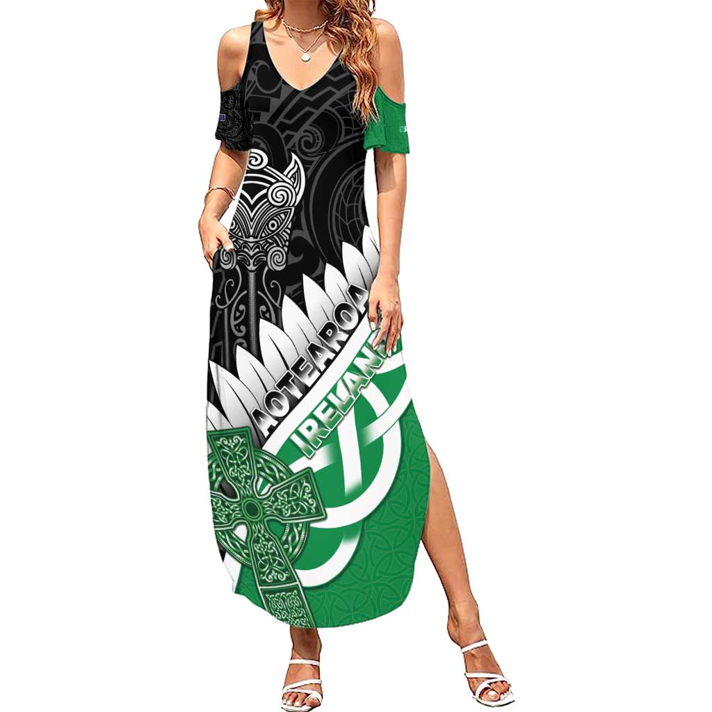 New Zealand And Ireland Rugby Custom Family Matching Summer Maxi Dress and Hawaiian Shirt Silver Fern With Celtic Cross
