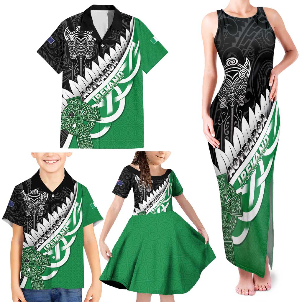 New Zealand And Ireland Rugby Custom Family Matching Tank Maxi Dress and Hawaiian Shirt Silver Fern With Celtic Cross