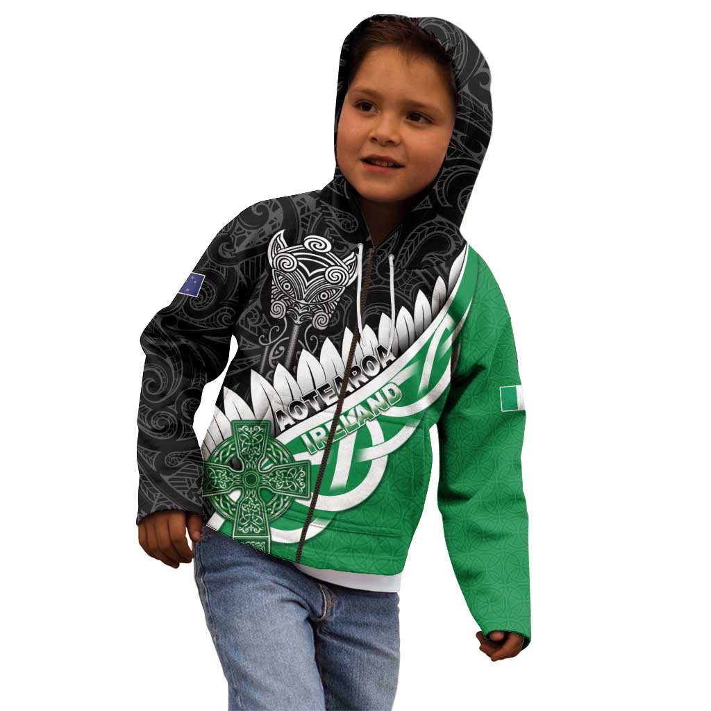 New Zealand And Ireland Rugby Custom Kid Hoodie Silver Fern With Celtic Cross