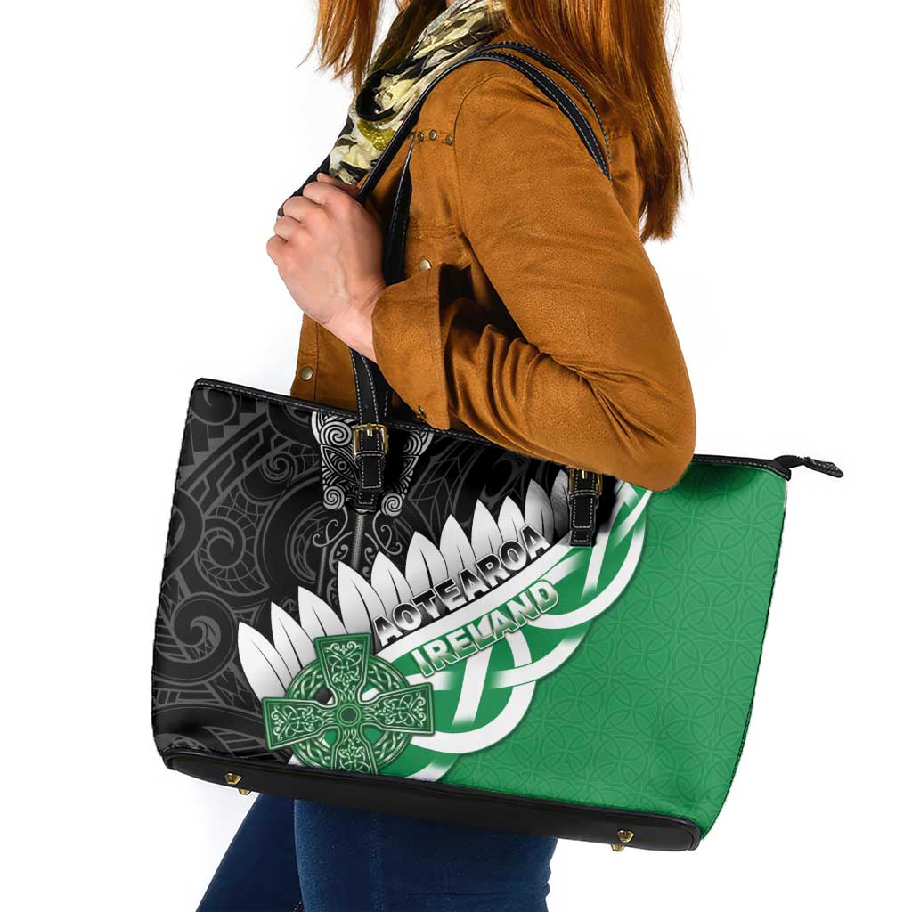 New Zealand And Ireland Rugby Leather Tote Bag Silver Fern With Celtic Cross
