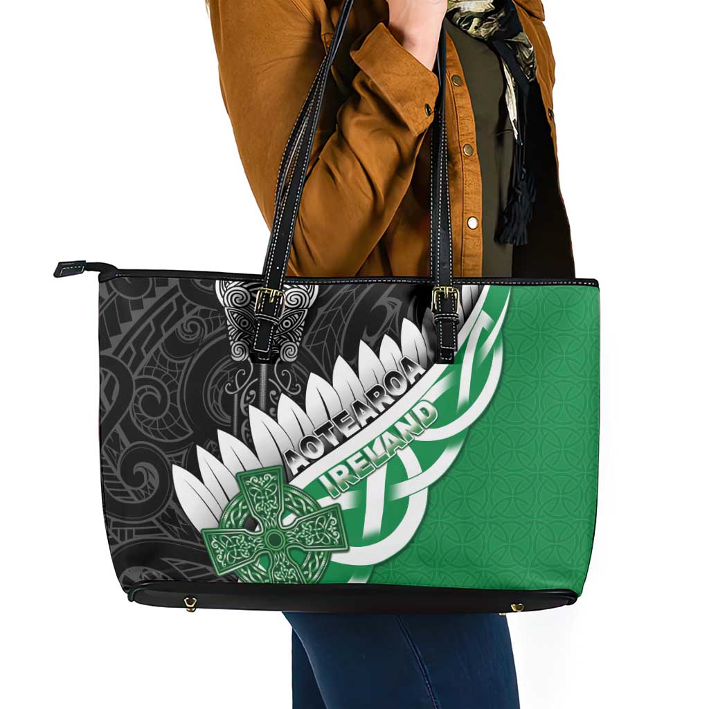 New Zealand And Ireland Rugby Leather Tote Bag Silver Fern With Celtic Cross
