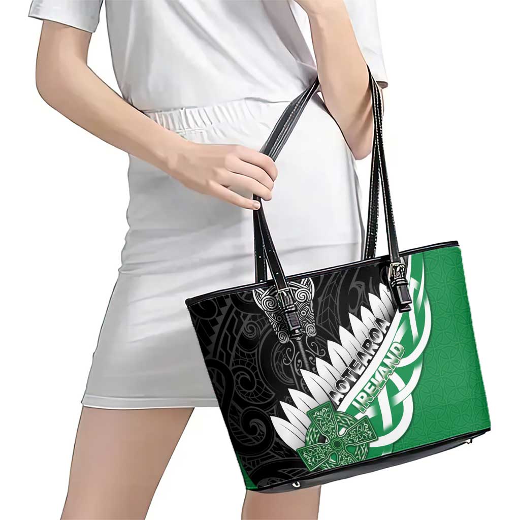 New Zealand And Ireland Rugby Leather Tote Bag Silver Fern With Celtic Cross