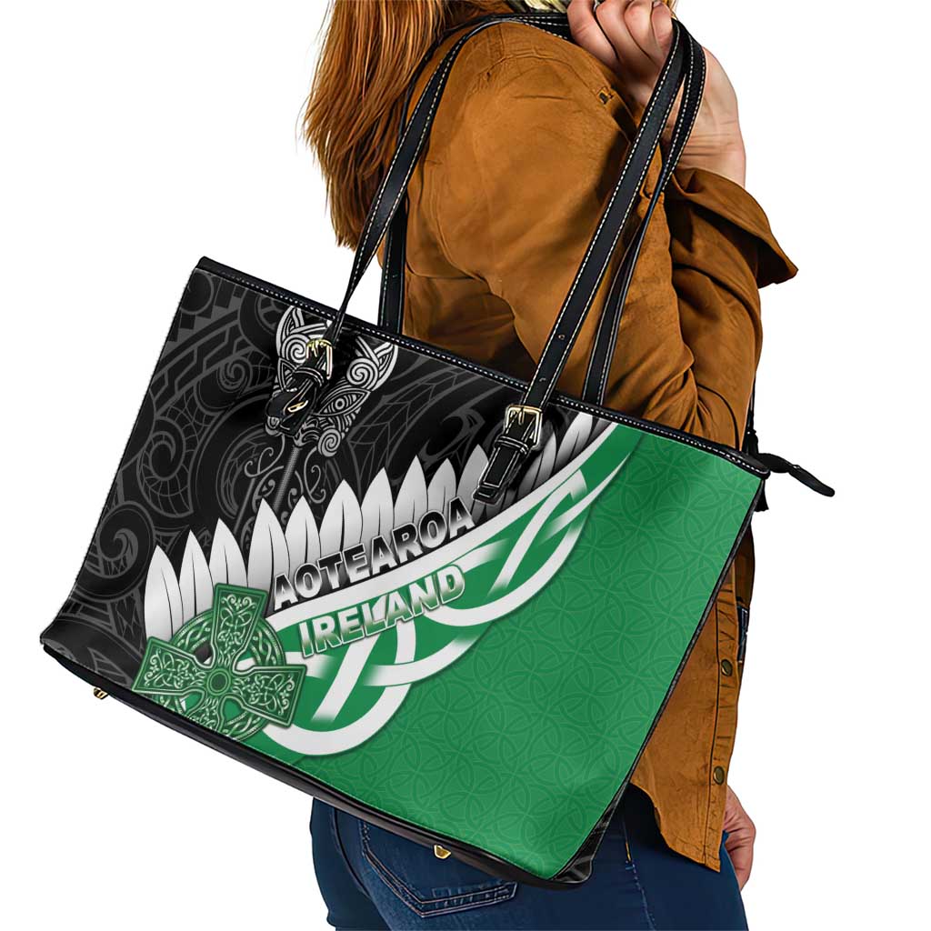 New Zealand And Ireland Rugby Leather Tote Bag Silver Fern With Celtic Cross