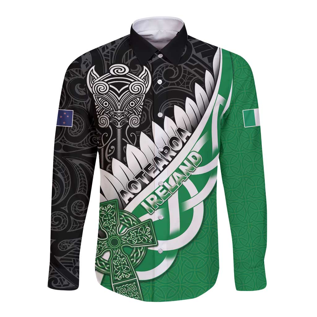 New Zealand And Ireland Rugby Custom Long Sleeve Button Shirt Silver Fern With Celtic Cross