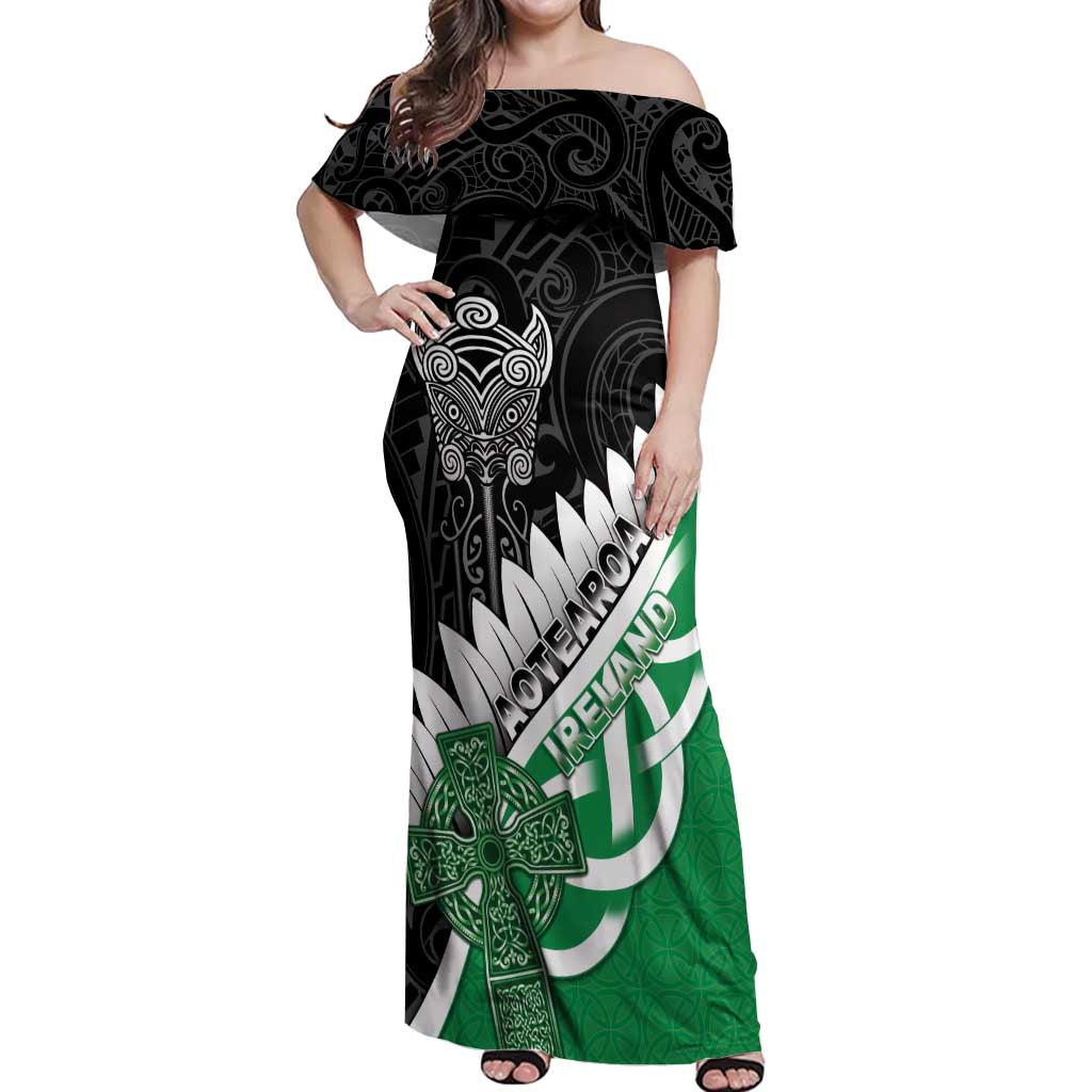 New Zealand And Ireland Rugby Custom Off Shoulder Maxi Dress Silver Fern With Celtic Cross