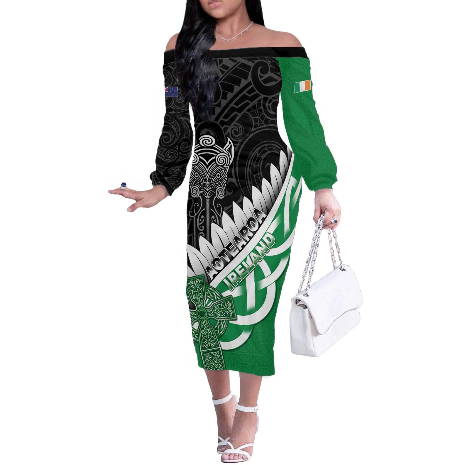 New Zealand And Ireland Rugby Custom Off The Shoulder Long Sleeve Dress Silver Fern With Celtic Cross