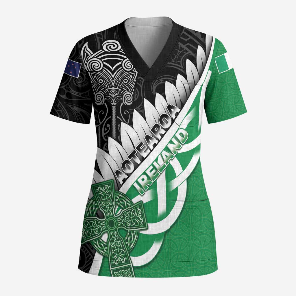 New Zealand And Ireland Rugby Custom Scrub Top Silver Fern With Celtic Cross LT05 Adult Green - Polynesian Pride