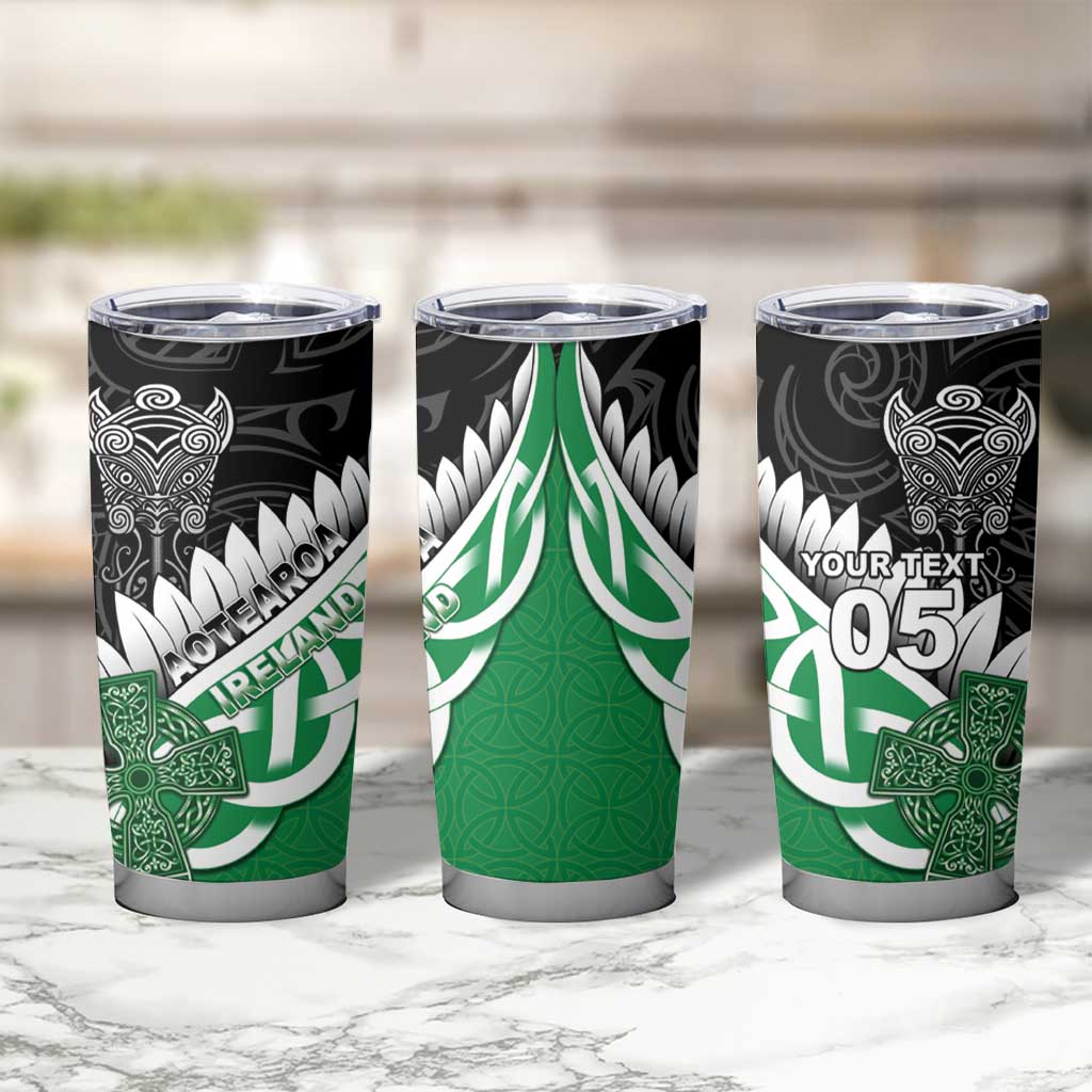 New Zealand And Ireland Rugby Custom Tumbler Cup Silver Fern With Celtic Cross