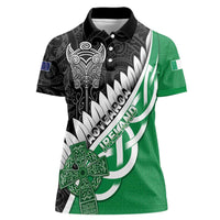 New Zealand And Ireland Rugby Custom Women Polo Shirt Silver Fern With Celtic Cross