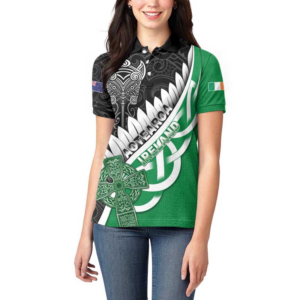 New Zealand And Ireland Rugby Custom Women Polo Shirt Silver Fern With Celtic Cross