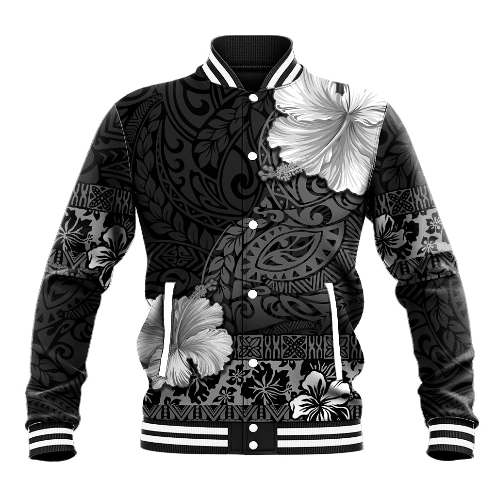 Hawaii Hibiscus With Black Polynesian Pattern Baseball Jacket