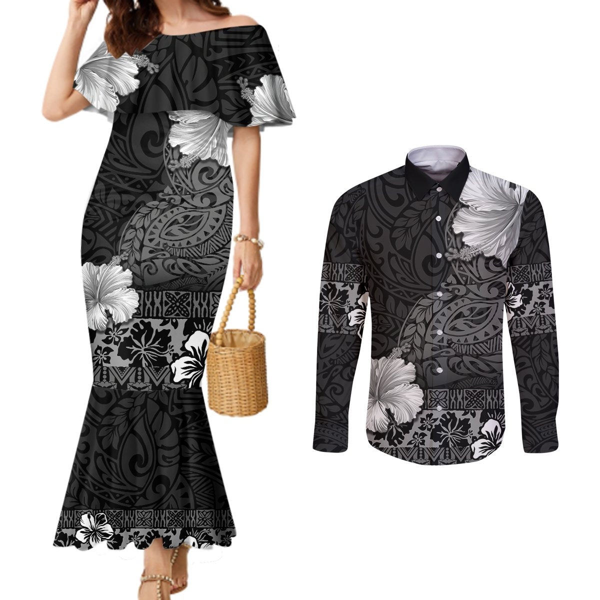 Hawaii Hibiscus With Black Polynesian Pattern Couples Matching Mermaid Dress and Long Sleeve Button Shirt LT05 Black - Polynesian Pride