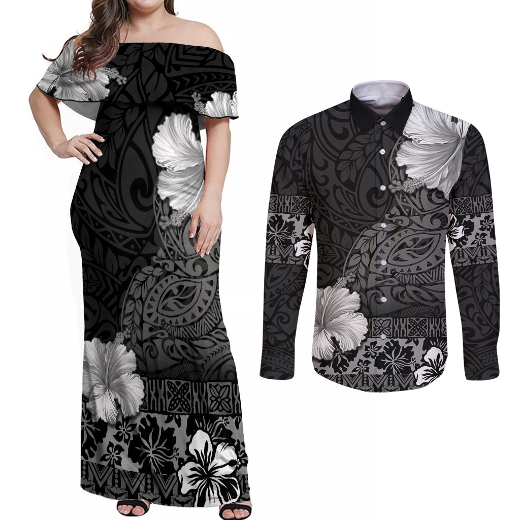 Hawaii Hibiscus With Black Polynesian Pattern Couples Matching Off Shoulder Maxi Dress and Long Sleeve Button Shirt
