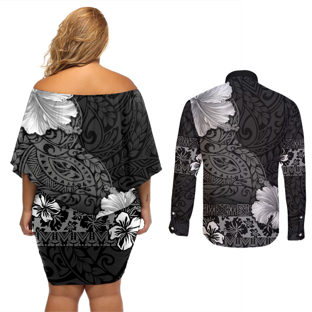 Hawaii Hibiscus With Black Polynesian Pattern Couples Matching Off Shoulder Short Dress and Long Sleeve Button Shirt