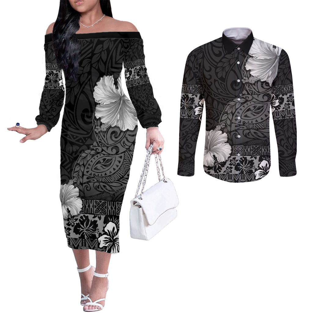 Hawaii Hibiscus With Black Polynesian Pattern Couples Matching Off The Shoulder Long Sleeve Dress and Long Sleeve Button Shirt
