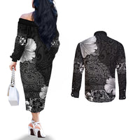 Hawaii Hibiscus With Black Polynesian Pattern Couples Matching Off The Shoulder Long Sleeve Dress and Long Sleeve Button Shirt